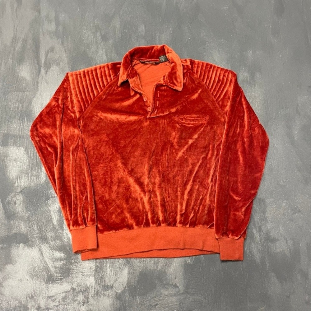 Vintage Handcraft Velour Polo Sweatshirt Small‎ Orange 1980s Excellent Ribbed